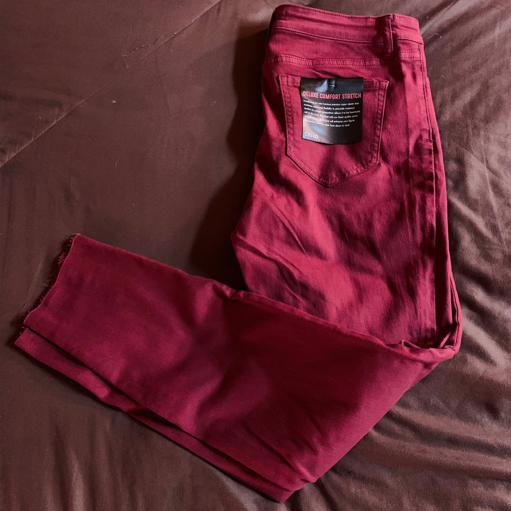 Cello burgundy raw hem jeans